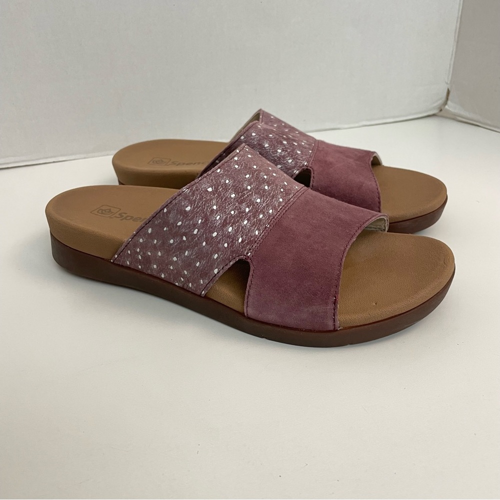 Spenco Sandals Dawn Slide Slip On Slipper Leather Comfort Travel Ostrich Purple